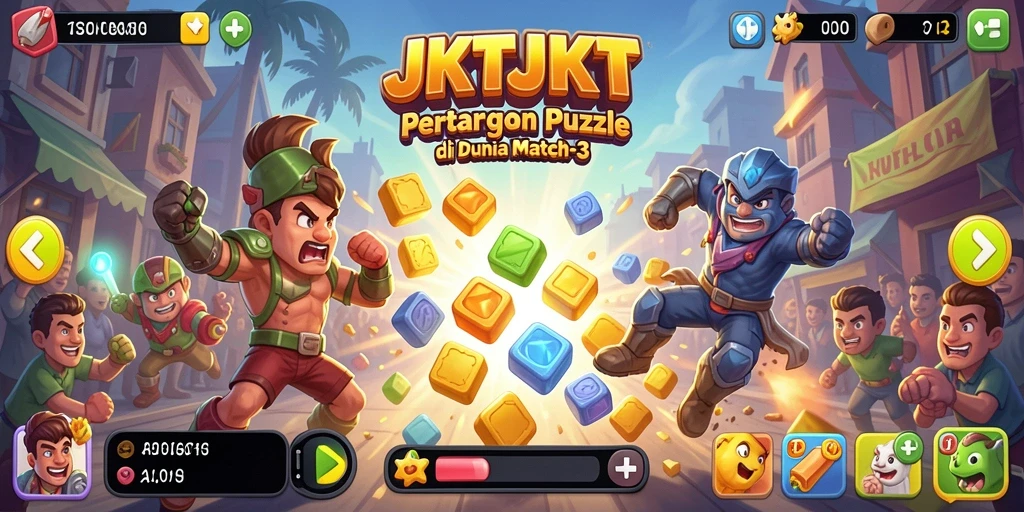 Gameplay seru JKTJKT dengan tantangan Match-3 yang menarik.