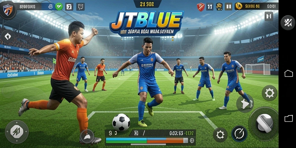 Gameplay JTBLUE menampilkan aksi sepak bola seru dan mendebarkan.